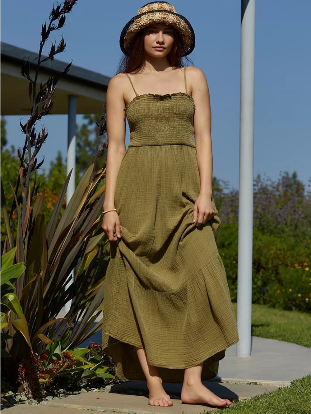 Anthropologie The Marisol Smocked Gauze Maxi Dress Olive Green Size Medium